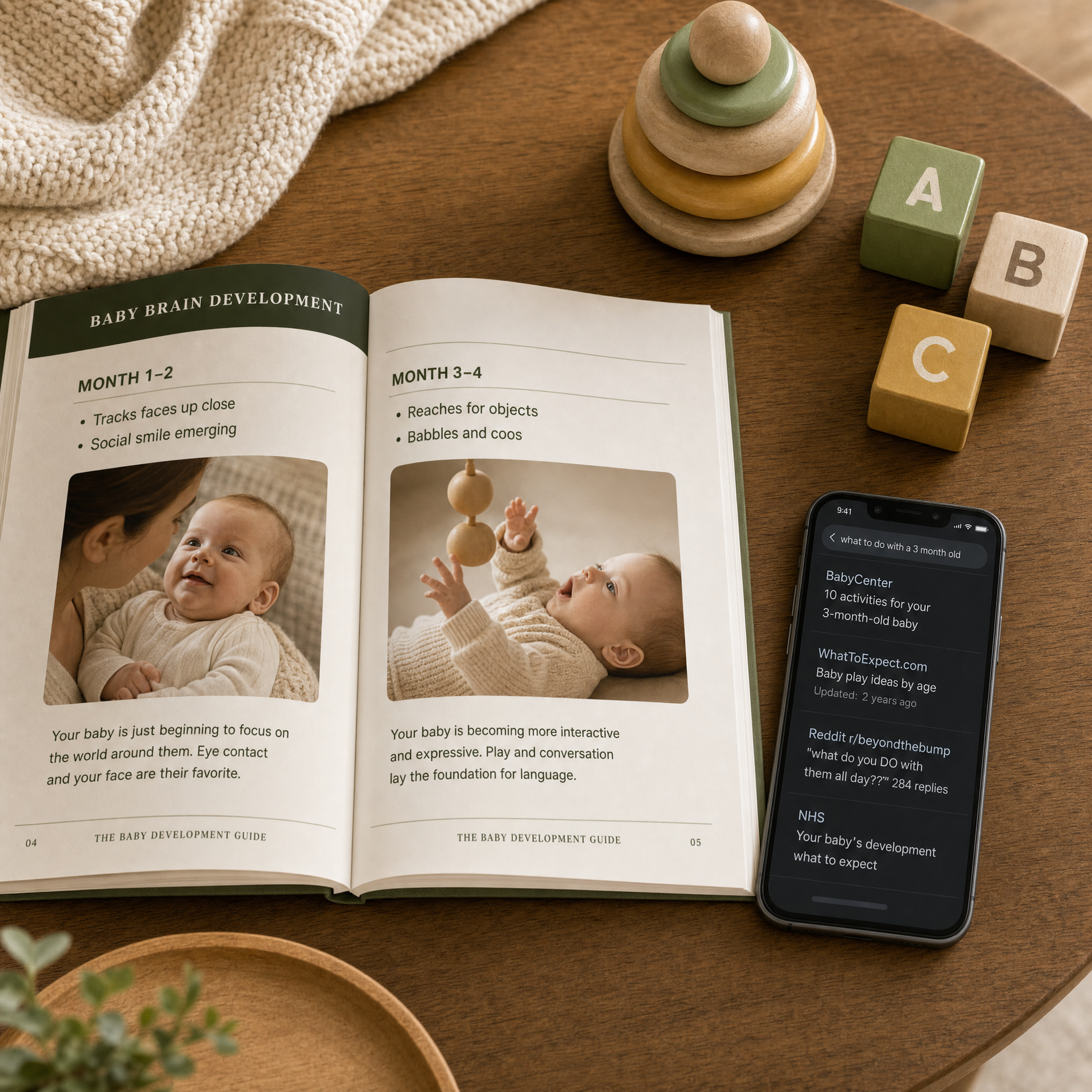 Newborn play guide interior page — peekaboo and object permanence